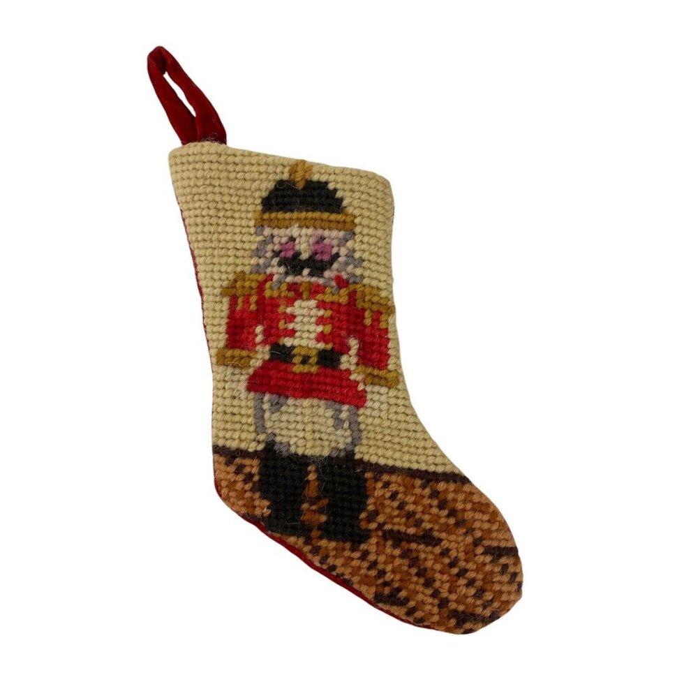 VTG Christmas Miniature Needlepoint Stocking Nutcracker Wool Velvet Satin Lined